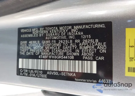 2016 Toyota Camry Le z USA, uszkodzony, nr VIN 4T4BF1FK6GR544108
